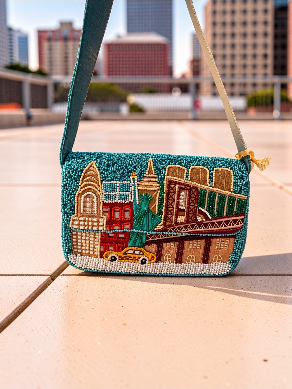 T.J.Maxx Embroidered Cityscape Crossbody in Green, Tan & Brown